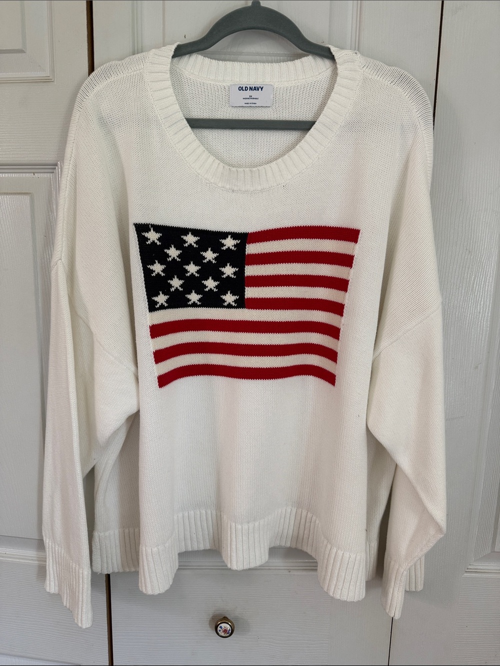 Old Navy White Crewneck Sweater with Red and Blue Flag Graphic